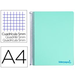 Cuaderno Espiral Liderpapel A4 Micro Wonder Tapa Plastico 120H 90 gr Cuadro 5 mm 5 Bandas 4 Taladros Color Verde