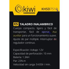 Kiwi Taladro Inalambrico 12V 13Ah 650Rpm 19.5 cm (Largo) x 5.5 cm (Ancho) x 21 cm (Alto) 11.28 kg