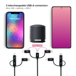 Nanocable 10.01.3200 Cable USB-A a USB-C/Micro USB/Lightning Carga/Datos 1m Negro