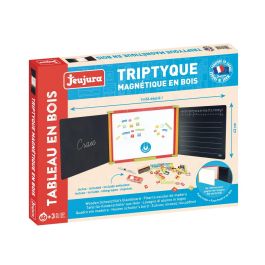 Jeujura Pizarra Tríptico de Madera 3 Caras Magnética, Tiza y Borrable en Seco con Accesorios y Estuche de Lápices para Niños 3+ Años