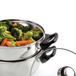 Quid Set Vaporera y Cacerola Acero Inoxidable Gastro Fresh 22 cm 3 Piezas Tapa Hermética Válvula Apto Lavavajillas