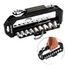 Juego carraca y vasos 3/8 pulg, soporte giratorio, 20 piezas, (métrico-sae)