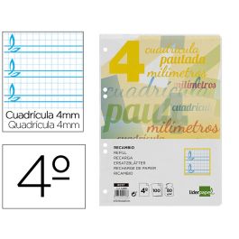 Recambio Liderpapel Cuarto Pautaguia 100 Hojas 75 gr Cuadriculado Pautado 4 mm Con Margen 6 Taladros