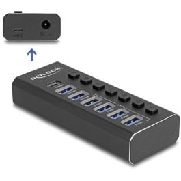 DeLOCK Hub USB de 7 puertos con 4 puertos de 10 Gbps y 3 de carga rápida de 5 Gbps, con interruptor y retroiluminación