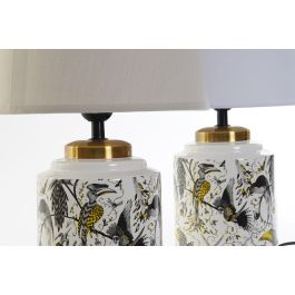 DKD Home Decor Lámpara Sobremesa Chic Blanca Beige Dorado con Pájaros 25x42x25 cm Gres Algodón E27 40W Pack 4 Unidades