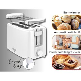 Adler ad 3223 Tostadora 2 ranuras, 900W, Blanca, 6 niveles de potencia, incluye rejilla y bandeja recogemigas, apagado automático