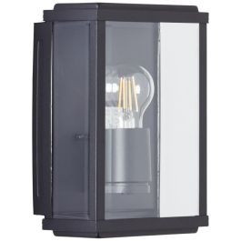 Brilliant Aplique de exterior Gaia, luminaria de pared negra de metal y vidrio, compatible con bombillas halógenas E27 de hasta 60W.
