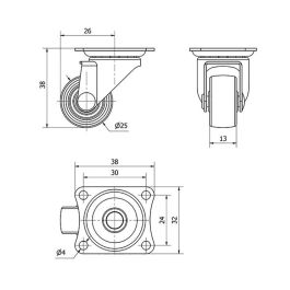 Ruedas Alex Rueda giratoria con placa y eje liso, color negro, carga máx. 10 kg, Ø 2,5 cm
