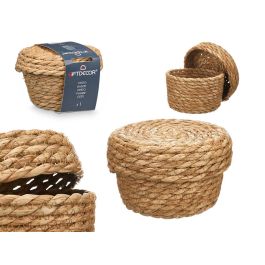 Cesto con Tapa Redondo Natural Giftdecor 14x11x14 cm - Fibra de Totora (12 Unidades)
