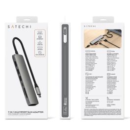 Satechi Adaptador MultiPuerto USB-C Slim 7 en 1 con Ethernet, Carga PD 100W, HDMI 4K@60Hz, 10 Gbps, SD/MicroSD, USB-A, Gris Espacial