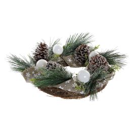 DKD Home Decor Corona Navidad Alpina Verde y Blanca, Copos Nieve y Piñas PVC, Ø 50 cm x 14 cm