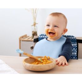 Set Vajilla Silicona Y Bambú Azul Con Cuchara-Tenedor Set Vajilla Silicona Y Bambú Azul Con Cuchara-Tenedor