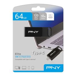 PNY Elite Unidad Flash USB 64 GB Tipo C, USB 3.2 Gen 1 (3.1 Gen 1), Velocidad Lectura 120 MB/s, Negro
