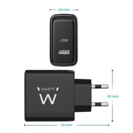 EWENT EW1330 Cargador de Pared Rápido GaN Fast 65W USB-A USB-C Negro para Macbook iPhone AirPods y Android Power Delivery