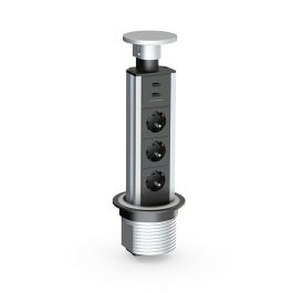Complementos Organita Sacyr Torre Telescópica Multienchufe 3 Tomas Schuko + 2 USB, 3500W, Ø80mm, Aluminio Plata Mate IP20
