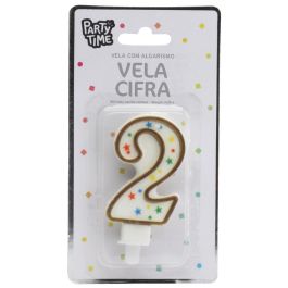 Party Time Vela de Aniversario Número 2 para Tarta, Decoración de Fiesta con Círculos y Estrellas, 9,5 cm