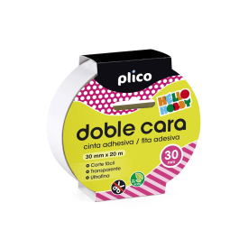 Plico Cinta Adhesiva Doble Cara Transparente 20 mt x 30 mm para Textil, Goma EVA, Cartón, Papel, Uso Escolar