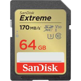 SanDisk Tarjeta de Memoria Extreme SDXC 64GB UHS-I V30 U3 Clase 10 hasta 170MB/s Resistente para 4K Precio: 16.9926229. SKU: B1EQPC63TS