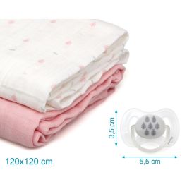 KioKids Set Rosa de Chupetes de Silicona y Muselinas de Bambú y Algodón Colección Petits Moments +0 Meses