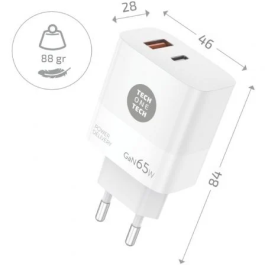 Tech One Tech TEC2270 Cargador de Pared GaN 65W USB Tipo-C / USB Blanco
