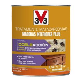 V33 Tratamiento Matacarcomas Maderas Interiores Plus - 2,5 l - Incoloro - Tratamiento Curativo y Preventivo para Madera Interior, Rendimiento 12 m², Secado Completo 48 h Precio: 29.49999965. SKU: B13MGBXDF2