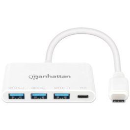 MANHATTAN 168434 Hub USB 3.0 Tipo-C con PD (100W), 3 Puertos USB-A, 5 Gbps, Color Blanco para Windows/Mac/Linux