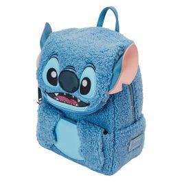 Loungefly Mochila peluche Stitch Disney 26cm Herrajes metálicos plateados Tejido sherpa Correas ajustables Piel vegana