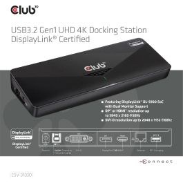 Club3D Docking Station USB 3.0 4K UHD Triple Pantalla (HDMI, DisplayPort, DVI) con Ethernet y USB Hub - Negro