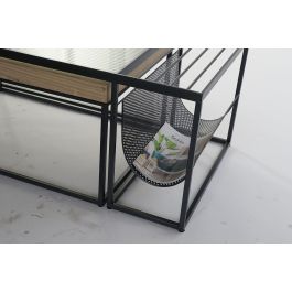 DKD Home Decor Mesa Centro Loft Natural Negro Metal Cristal Madera Bambú 60 x 45 x 110 cm Set de 2