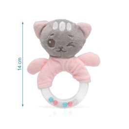 KioKids Peluche Sonajero Gatito Rosa Extremadamente Suave con Anilla para Bebé +3 Meses - Colección Dolci Amici