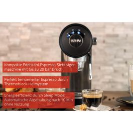 Unold 28636 Piccopresso - Máquina Espresso 0.9L, Café Molido, 20 Bares, Espumador, Negro/Acero Inoxidable