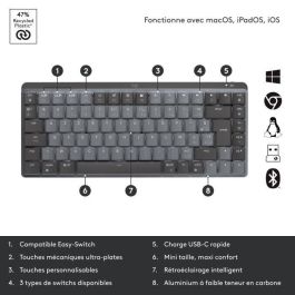 Logitech Teclado Inalámbrico MX Mecánico Rendimiento Retroiluminado con Switches Silent Tactile, Clickable, Linear - Grafito