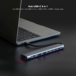Nanocable 10.16.4608 Hub USB-C 8 en 1 Estación Acoplamiento 2x USB-A 3.0, 3x USB-C 3.0, HDMI 4K 60Hz, Jack 3.5mm, PD 100W, Gris Aluminio Nanocable 10.16.4608 Hub USB-C 8 en 1 Estación Acoplamiento 2x USB-A 3.0, 3x USB-C 3.0, HDMI 4K 60Hz, Jack 3.5mm, PD 100W, Gris Aluminio