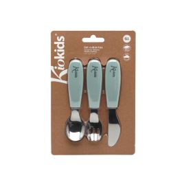 KioKids Set de Cubiertos Infantiles de Acero Inoxidable y Silicona Verde Salvia | Colección Little Sauvages | Recomendado +6 Meses