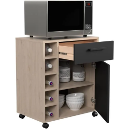 Parisot Carrito de Servicio STUDIO803356 1 Puerta 1 Cajón 5 Compartimentos Botellas Roble / Negro Mate 60 x 40,3 x 71 cm