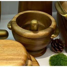 DKD Home Decor Mortero Basicos Natural Dorado Acacia Inox 17 x 14.5 x 20.5 cm