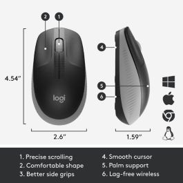 Logitech M190 Ratón Inalámbrico Full-size RF con Diseño Contorneado Ergonómico para Manos Grandes, Gris, Batería 18 Meses