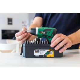 Koma Tools 3v-ar53 Atornillador a Batería Reversible 3.6V Litio-Ion 1300 mAh, 53 Accesorios, Mango Doble Posición, Par 3 Nm, Luz LED