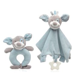 KioKids Set Doudou y Sonajero Perrito Azul Suave para Bebés +0 Meses. Con Mordedor y Sonidos, Ideal para Apego