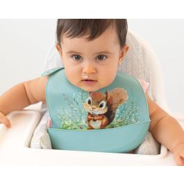 KioKids Babero de Silicona Ajustable para Bebé +6 Meses con Bolsillo Recogemigas, Diseño Ardilla Salvaje Color Salvia