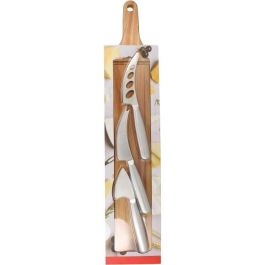 Menastyl 5040079 Tabla de Cortar Rectangular de Madera de Acacia con 3 Cuchillos para Queso de Acero Inoxidable