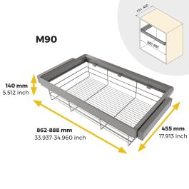 Emuca Kit de cajón de alambre y bastidor regulable Quartz para armarios, guías de cierre suave y extracción total, Módulo 90cm, Acabado Titanio