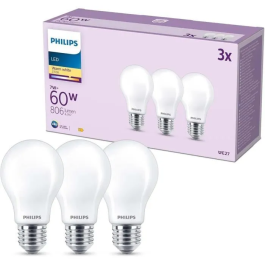Philips Bombilla LED Clásica A60 E27 60W Blanco Cálido No Regulable Pack 3 Unidades