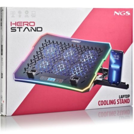 NGS HEROSTAND Base Refrigeradora para Portátiles 15.6" con 6 ventiladores, Iluminación LED RGB, Pantalla LCD y 2 puertos USB NGS HEROSTAND Base Refrigeradora para Portátiles 15.6" con 6 ventiladores, Iluminación LED RGB, Pantalla LCD y 2 puertos USB