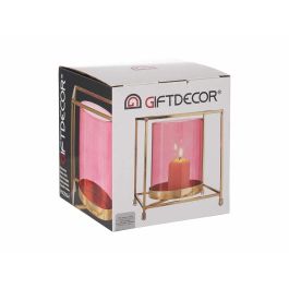 Giftdecor Base Vela Cristal Cuadrada Rosa Metal Oro 14 x 15.5 x 14 cm
