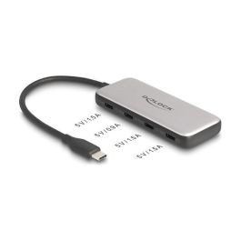 DeLOCK Concentrador USB Hub Tipo-C 10 Gbps, USB 3.2 Gen 1 con 4 Puertos USB-C y PD 85W para Carga, PC, Android, Windows, Mac, Negro, Gris - 1 Pieza