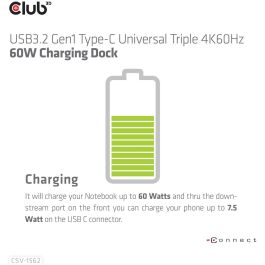 Club3D CSV-1562 Docking Station USB-C 4K 6xUSB 3.0, 2xDisplayPort, HDMI, LAN, Audio. Compatible con Windows y Mac.