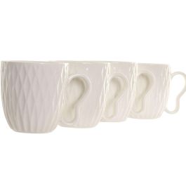 DKD Home Decor Mug Pengjia 25 Blanco Marron Oscuro Porcelana Bambu Set de 4 Piezas 350ml Apto Microondas Lavavajillas 13x13x32 cm