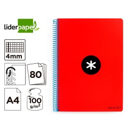 Antartik Cuaderno espiral A4 tapa dura 80 hojas 90gr cuadro 4mm con margen color rojo