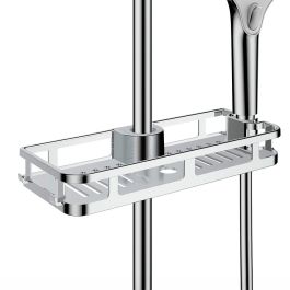 Wenko Cesto de Ducha Acero Inoxidable con Ganchos Integrados y Soporte para Cabezal, Fijación Rápida, 28.5x4x11.5 cm